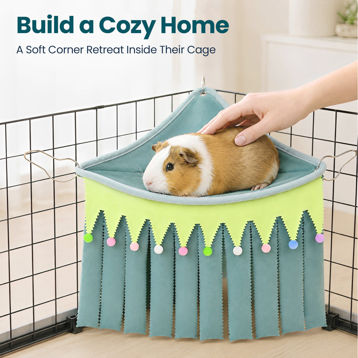 Corner Fleece Hideout Hammock for Small Animals, Cozy Hanging Cage Bed with Tassel Curtain, Soft Habitat Shelter with 3 Metal Hooks for Guinea Pigs, Rabbits, Rats, Ferrets, Chinchillas