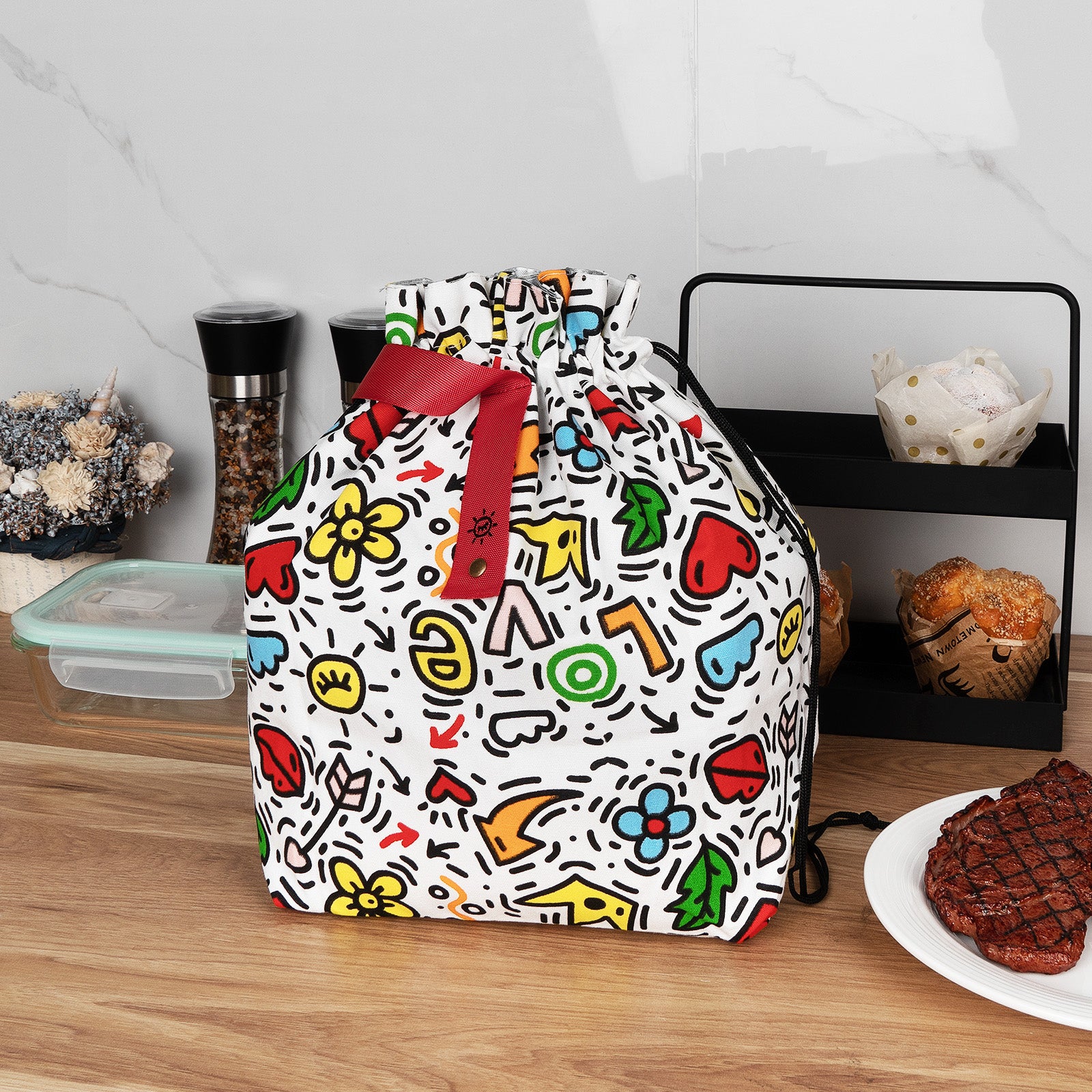 Linkidea Cute Lunch Bag, Drawstring Lunch Bag with Handle, Women Lunch Bags for Work Picnics Ourdoor Travel, Compatible with Bentogo, LunchBots, EasyLunchboxes (White)