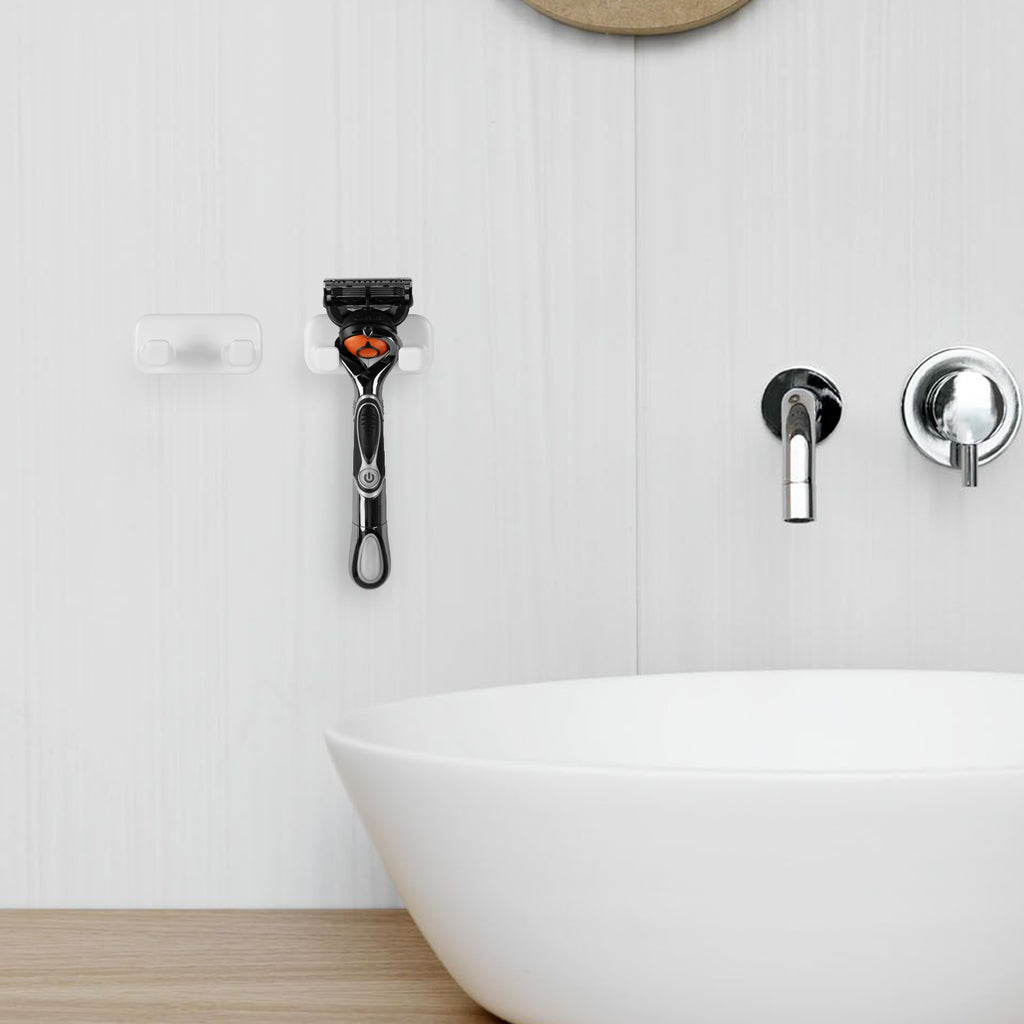 Linkidea 2 Pack Razor Holder with Self-Adhesive, Shower Hook for Razor, Bathroom Organizer for Shaver, Robe, Towel, Loofah, Compatible with Gillette Fusion 5 Power, Sensor 3(White)
