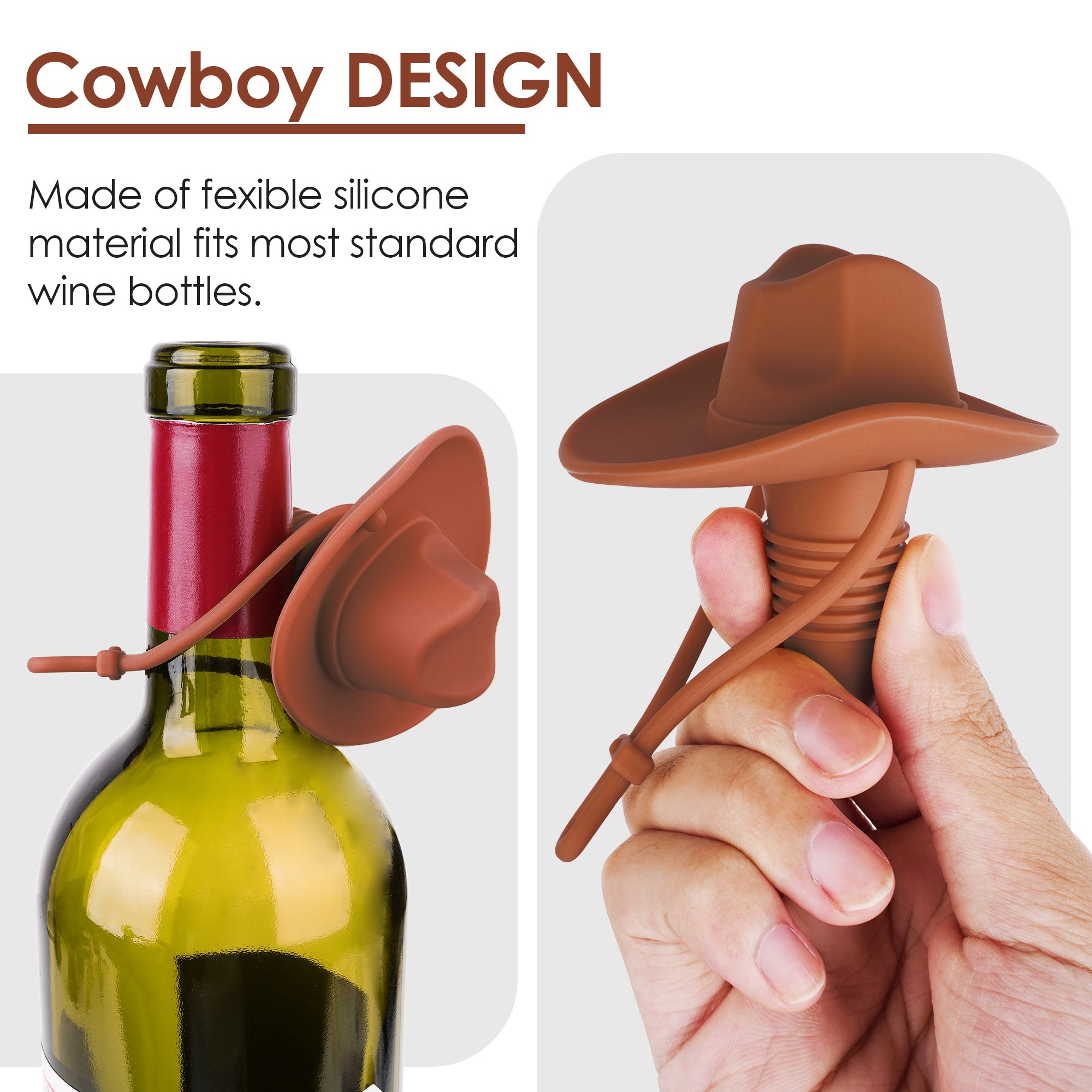 Linkidea 2 Pack Silicone Cowboy Style Bottle Stoppers, Reusable Fun Cap Sealers to Keep Drinks Fresh, Unique Gifts for Boyfriend, Dad, Friends (Brown)