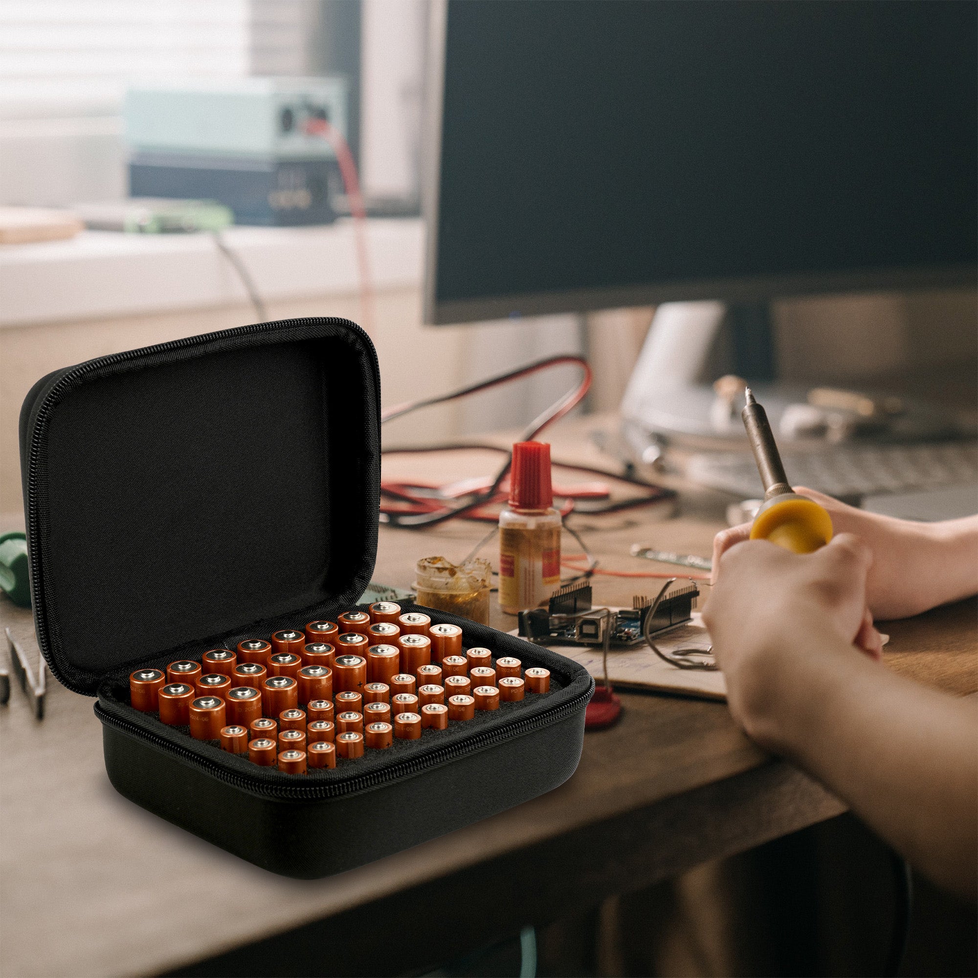 Linkidea Small Hard Case Battery Organizer Storage Box, Portable Holder and Carrying Container for 54 AA AAA Cells, Compact Travel Storage Case (Black)