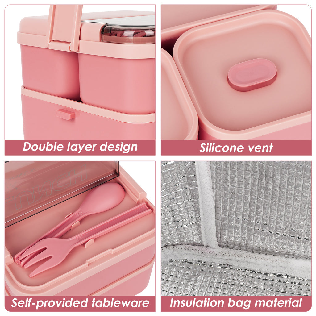 Linkidea Bento Box with Lunch Bag, Reusable Food Container with 2 Layers Multi Compartment and Flatware, Storage Box with Leak-Proof Lids Safe in Microwave/Dishwasher/Freezer (1800ML, Pink)