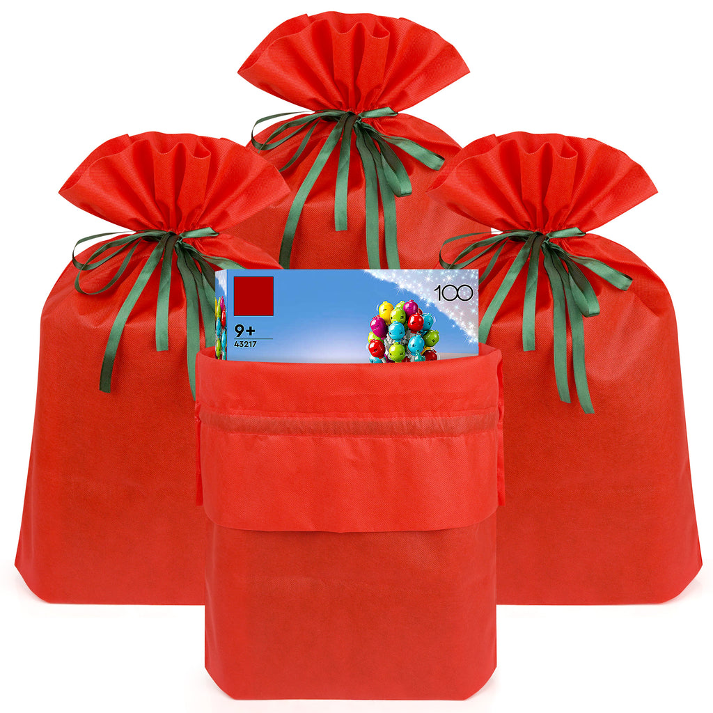 Linkidea 4 Pack Reusable Drawstring Gift Bags, Fabric Party Favor Bags for Birthday, Christmas & Holiday, Toy Storage Pouch for Building Blocks, Bricks & Goodie Bags (Red)