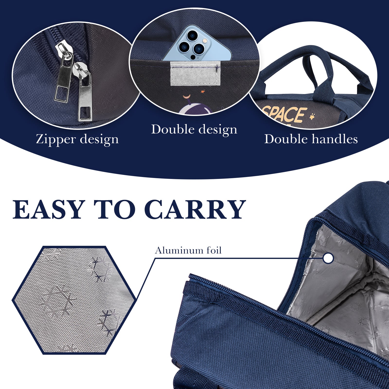 Linkidea Lunch Bag, Large Capacity Lunch Tote Bag with Hand Strap, Reusable Lunch Box Bag for Picnic, Outdoor, Compatible with B.Box, Sunhanny, Pedeco, QQKO, Xgxn Lunch Box (Navy Blue)