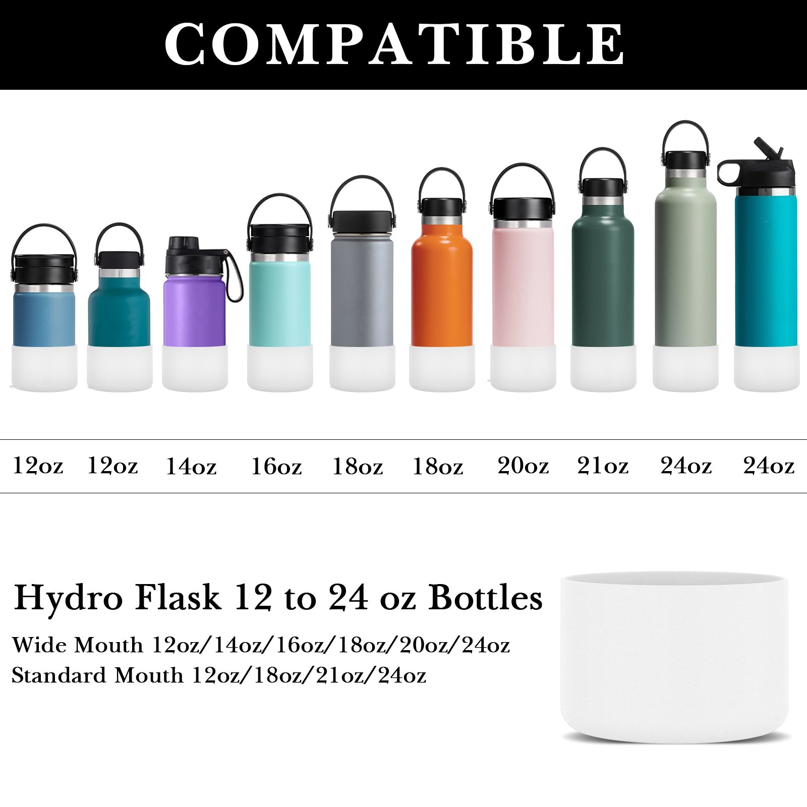Linkidea 2 Pack Water Bottle Boot Compatible with Hydro Flask Wide Mouth 12oz/14oz/16oz/18oz/20oz, Silicone Bottle Bottom Sleeve Bumper Protector (White)