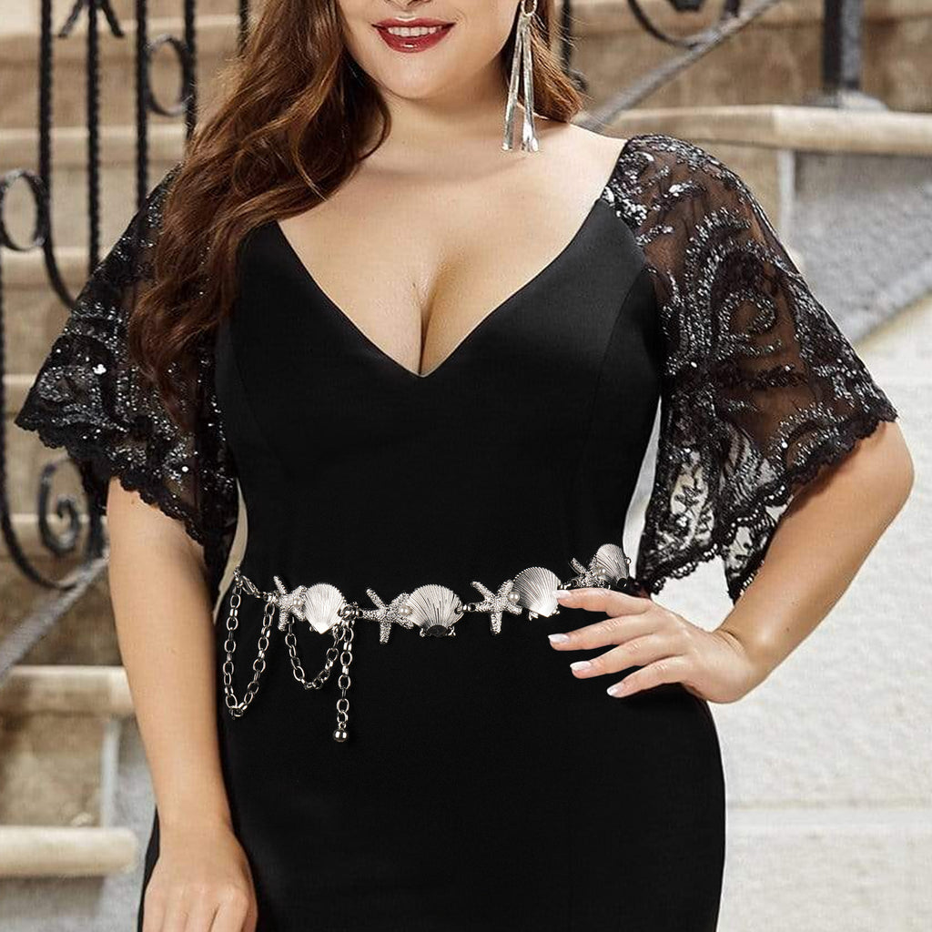 Chain Belt for Women, Silver Shell Starfish with Faux Small Pearls Waist Belt, Max 47 Inch Adjustable Chunky Body Chain for Dresses, Party, Casual Wear, Fashion Jewelry Accessory