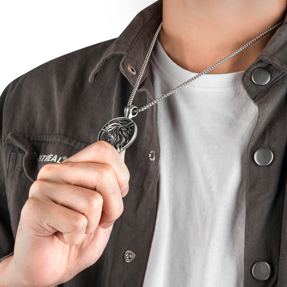 Pure Tin Jesus Christ Crown of Thorns Head Pendant Necklace, Round Jesus Face Pendant Chain for Men Women, 24" Link Chain
