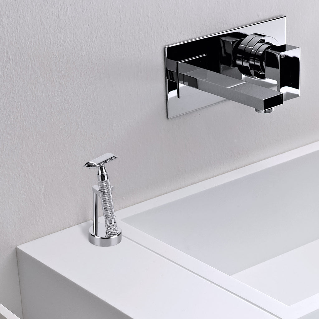 Linkidea Premium Men's Razor Stand, Safety Razor Holder Compatible with Vikings Blade the Chieftain, Merkur 34C, 700002, 23C, 38C, Shaving Tool Organizer for Bathroom Counter (Silver)