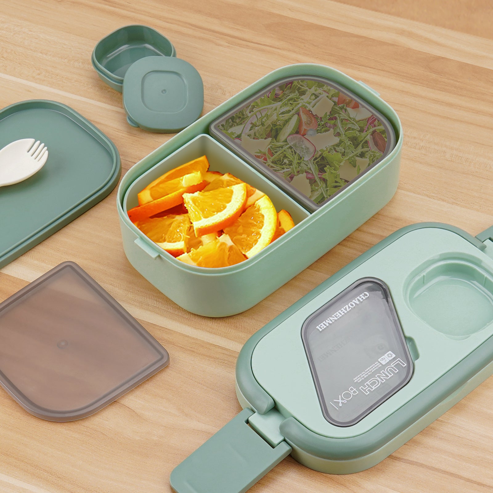 Linkidea 2 Pack Salad Container for Lunch, Reusable Food Container with 2 Layers 3 Compartments and Flatware, Food Box with Leak-Proof Cover Fits to Microwave/Dishwasher/Freezer Safe (Green)
