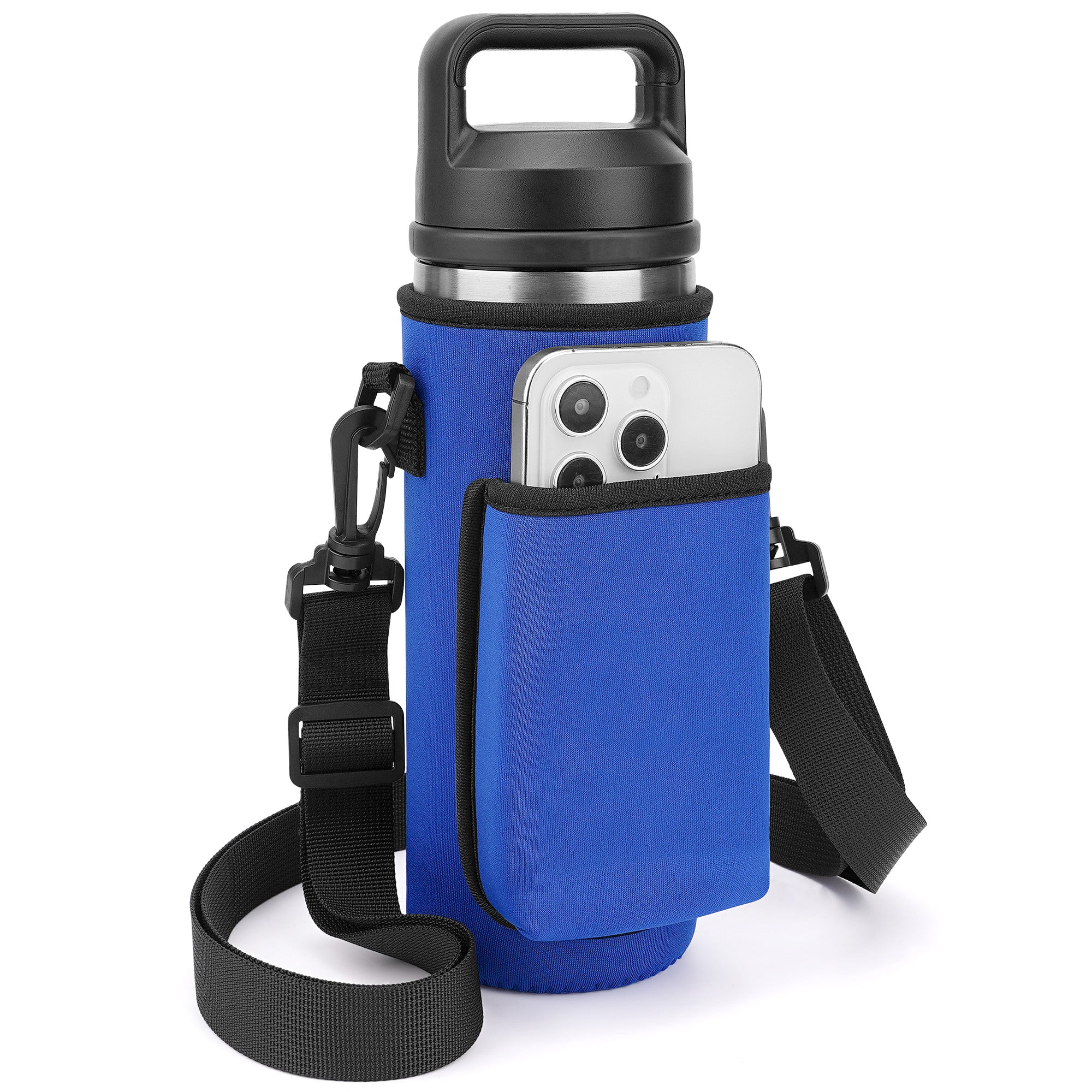Linkidea Water Bottle Carrier with Strap Compatible with YETI Rambler Bottle 18oz, Yonder Bottle 600ml/20oz, Waterbottle Sling Bag Holder, Shoulder Strap with Phone Pocket (Blue)