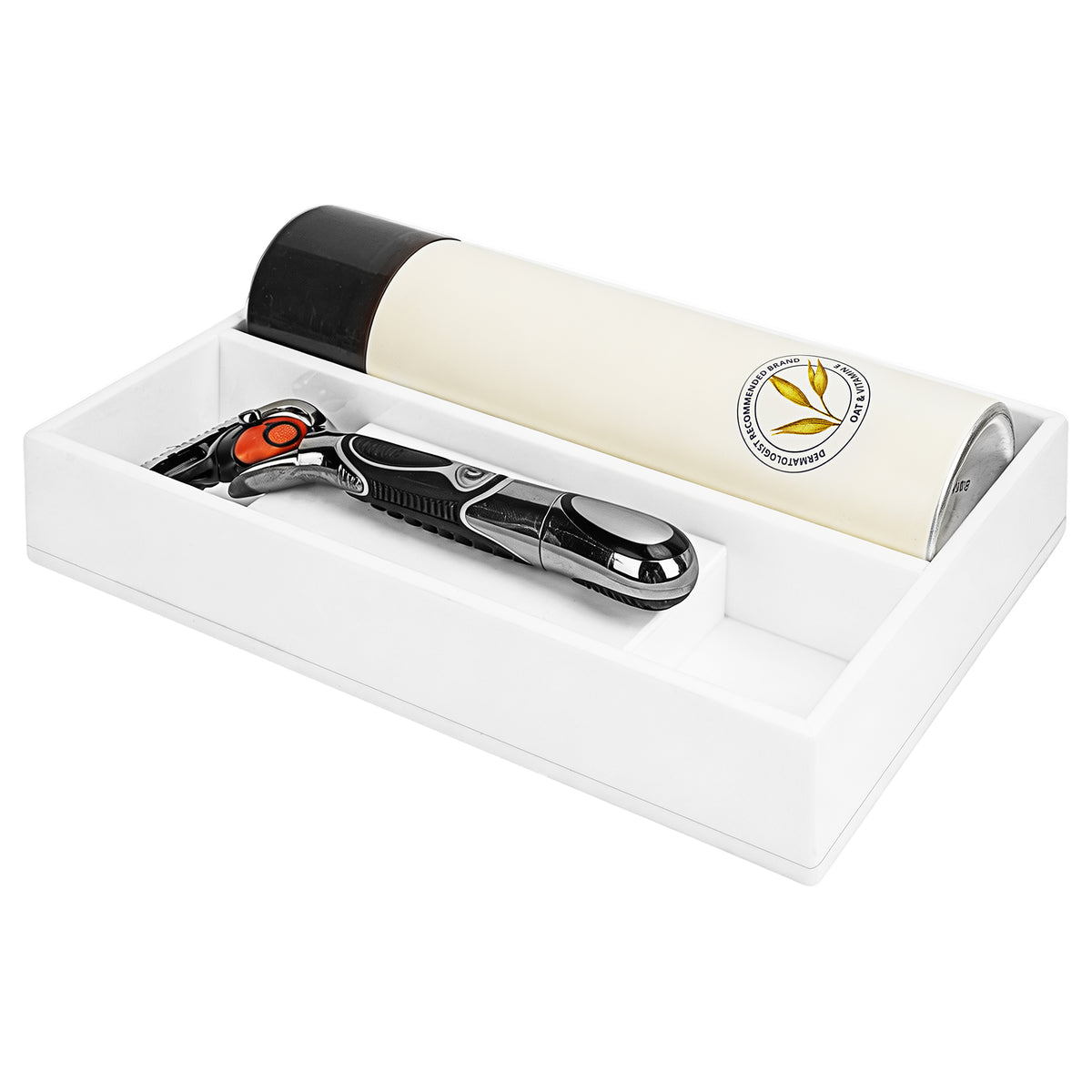 Linkidea Acrylic Razor Holder and Shaving Organizer, Low-Profile Bathroom Countertop & Drawer Tray, Single Razor Stand and 10oz Shaving Cream Slot (White)