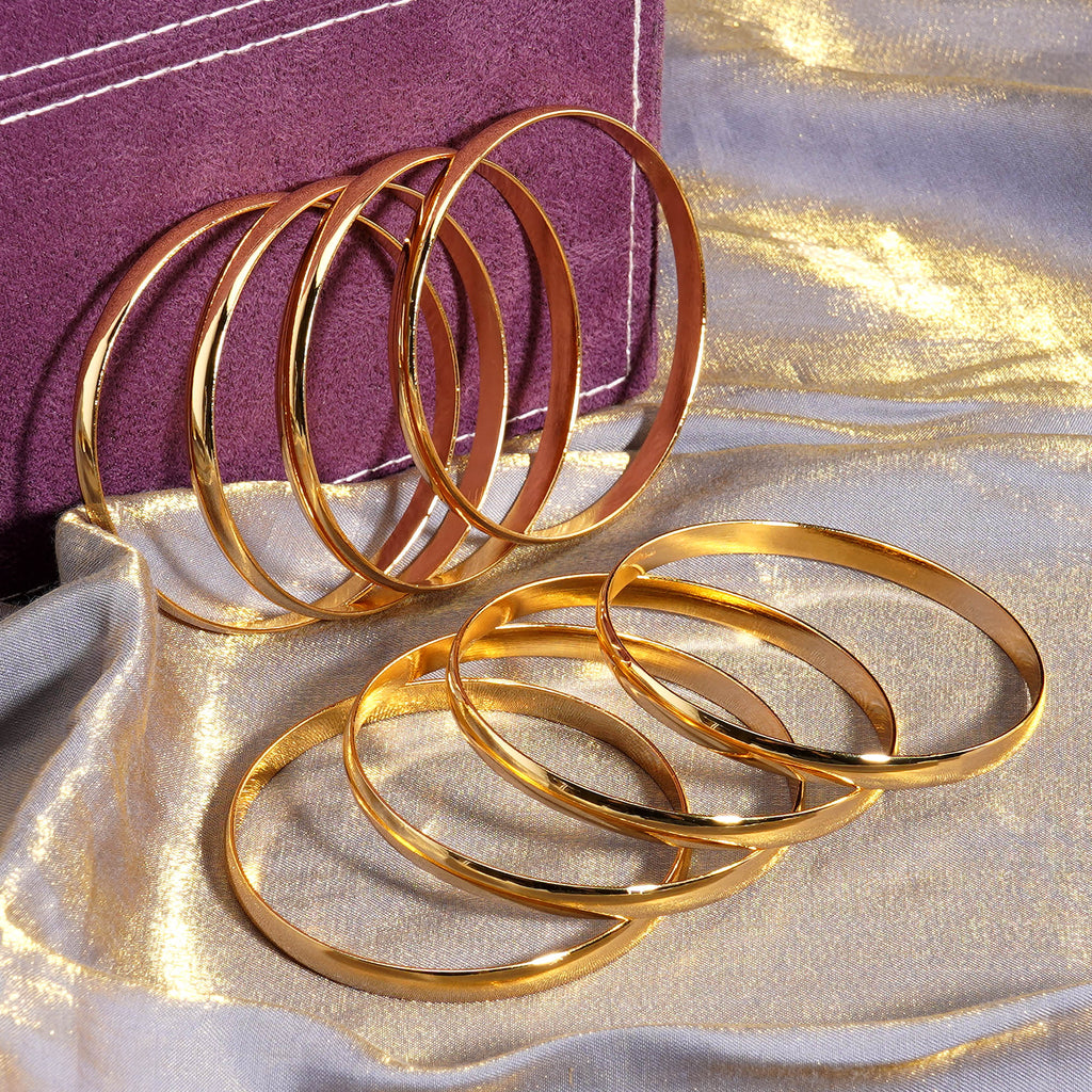 65 mm (2.56") Bangle Set of 8 for Women, 6 mm Wide Gold-Tone Stainless Steel Stackable Bracelets - Fits Palm Width up to ~90 mm
