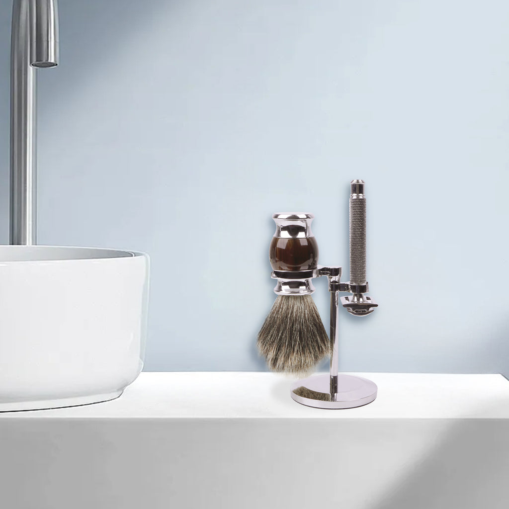 Linkidea Safety Razor Holder, Shaving Brush & Razor Stand, Compatible with MUHLE Double Edge Razor, Space-Saving Bathroom & Shower Room Storage Stand (Chrome Plating/Silver)