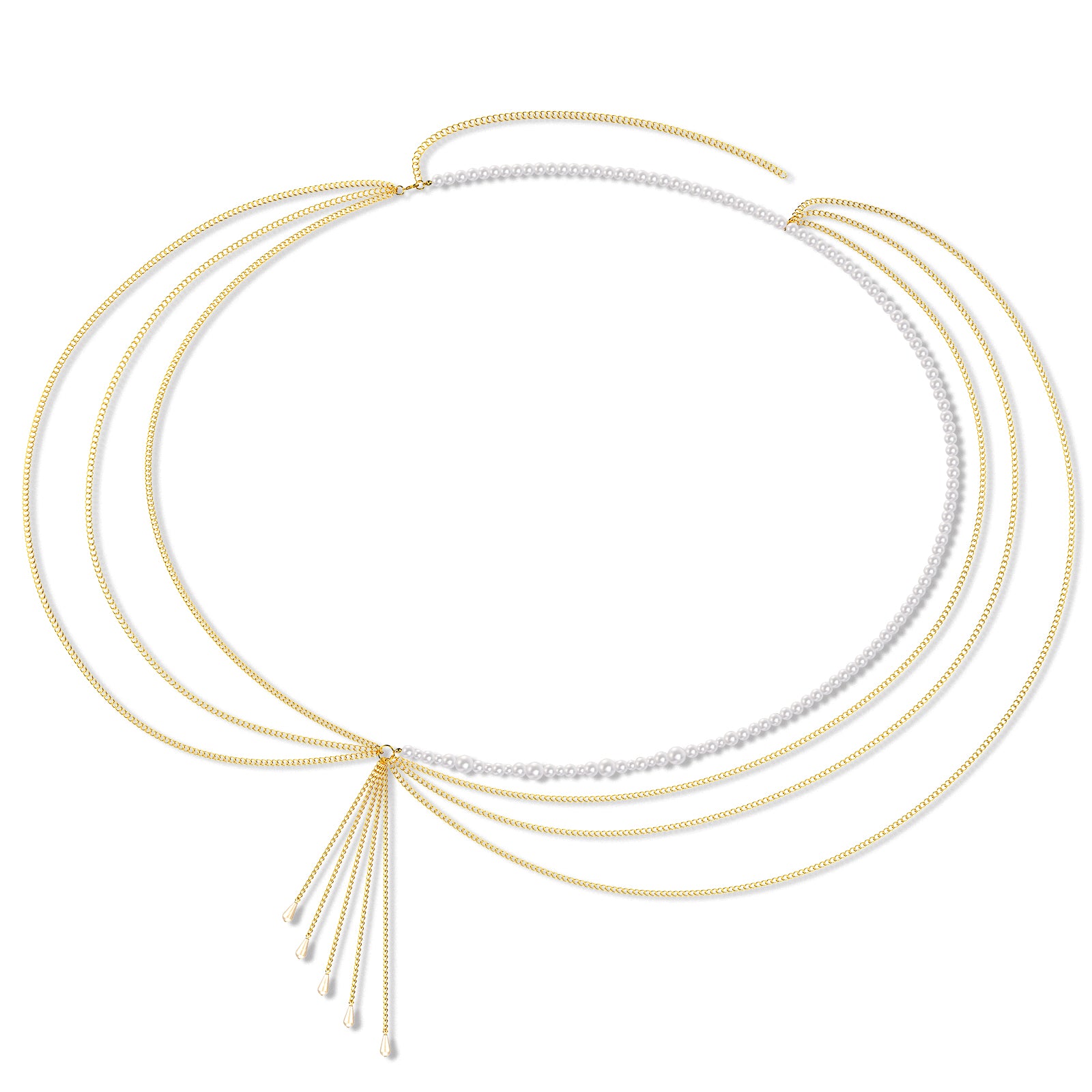 Plus Size Chain Belt for Women, Gold Color and White Faux Pearl Waist Chains, Extra Long Body Chain, 47-59 Inch Adjustable Chunky Belt Chain