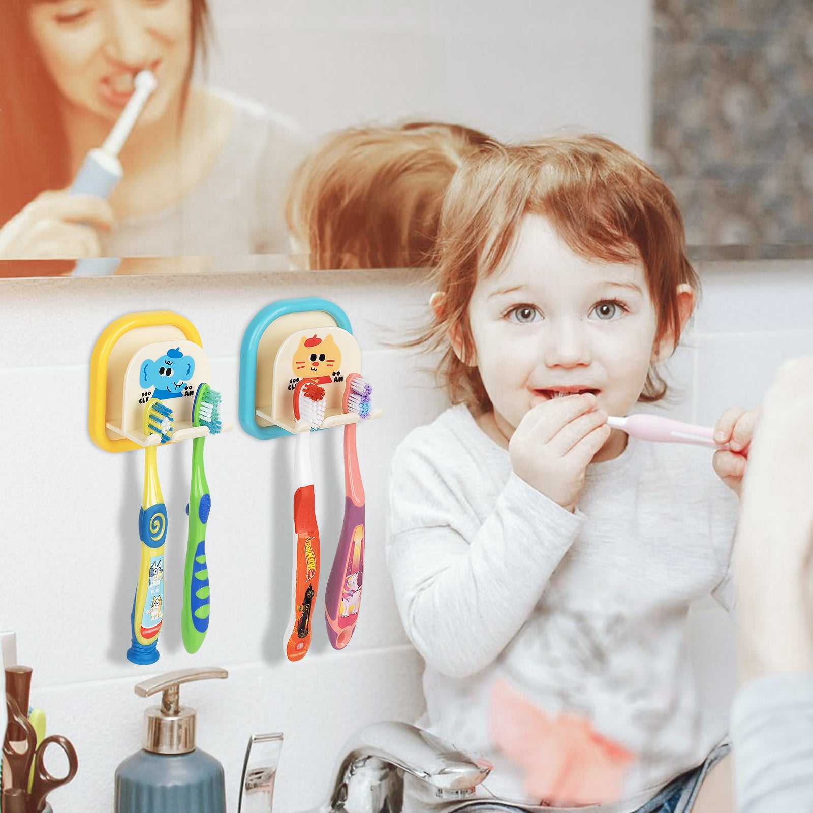Linkidea 4 Pack Wall Mount Toothbrush Holder for Bathroom, Shower, Plastic Self Adhesive Wallmount Tooth Brush Hanger Compatible with Colgate, GUM, Brush Buddies Kids Toothbrush (Multi)