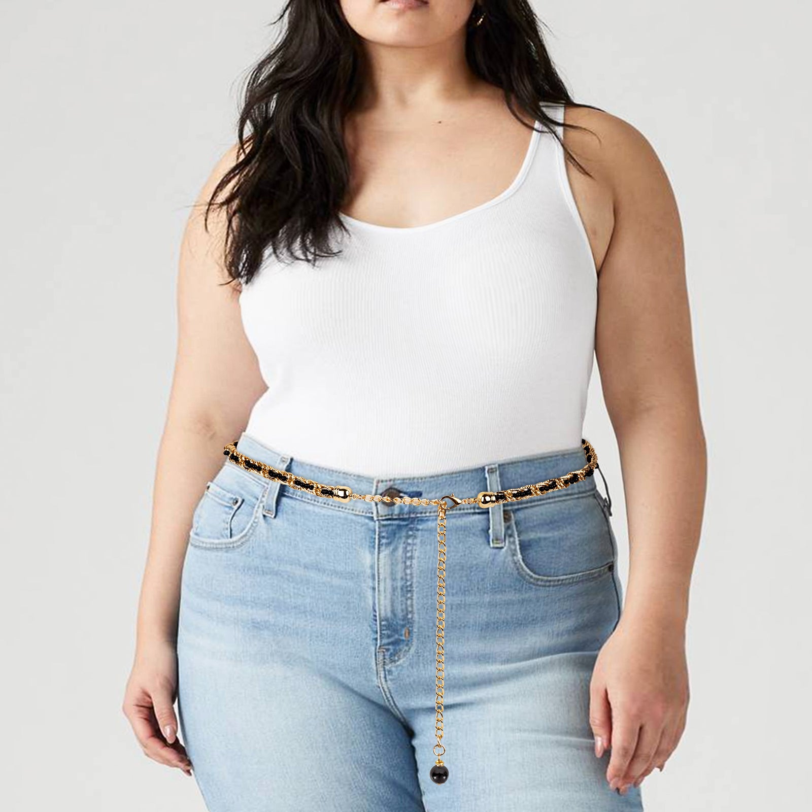 Plus Size Chain Belt for Women, Gold and Black Faux Small Pearl Waist Belt, 51 Inch Adjustable Extra Long Body Decorate for Dresses, Party, Casual Wear, Fashion Jewelry Accessory