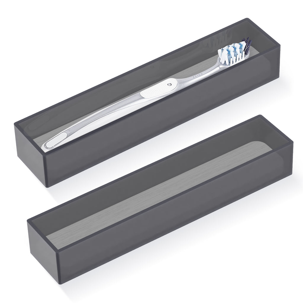 Linkidea 2 Pack Acrylic Toothbrush Holder with Diatomite Drying Stone, Bathroom Drawer Organizer with Drainage Hole for Tooth Brush, Compatible with Colgate Extra Clean, Oral-B CrossAction (Grey)