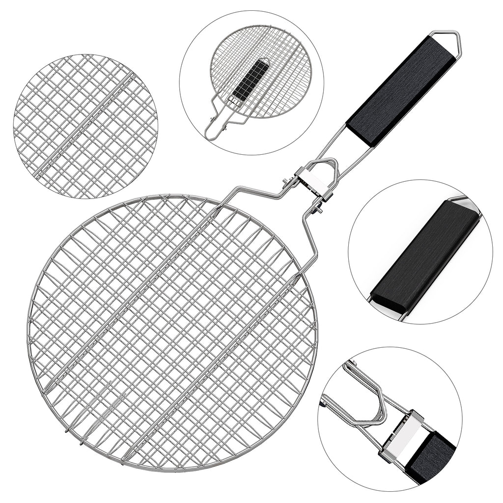 Linkidea Round Portable BBQ Grill Basket, Stainless Steel Fish Grill Rack with Removable Secure Locking Handle, Grill Accessories for Outdoor Grill Vegetables Fishes Shrimp