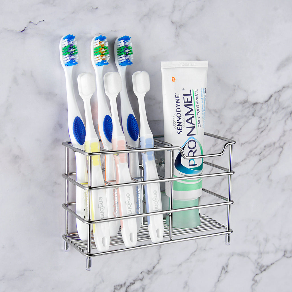 Linkidea Toothbrush Holder for Shower, Bathroom, Stainless Steel Tooth Brush Storage Stand Rack, Wallmount / Countertop 7 Slot Organizer Compatible with Colgate Extra Clean, Oral-B CrossAction