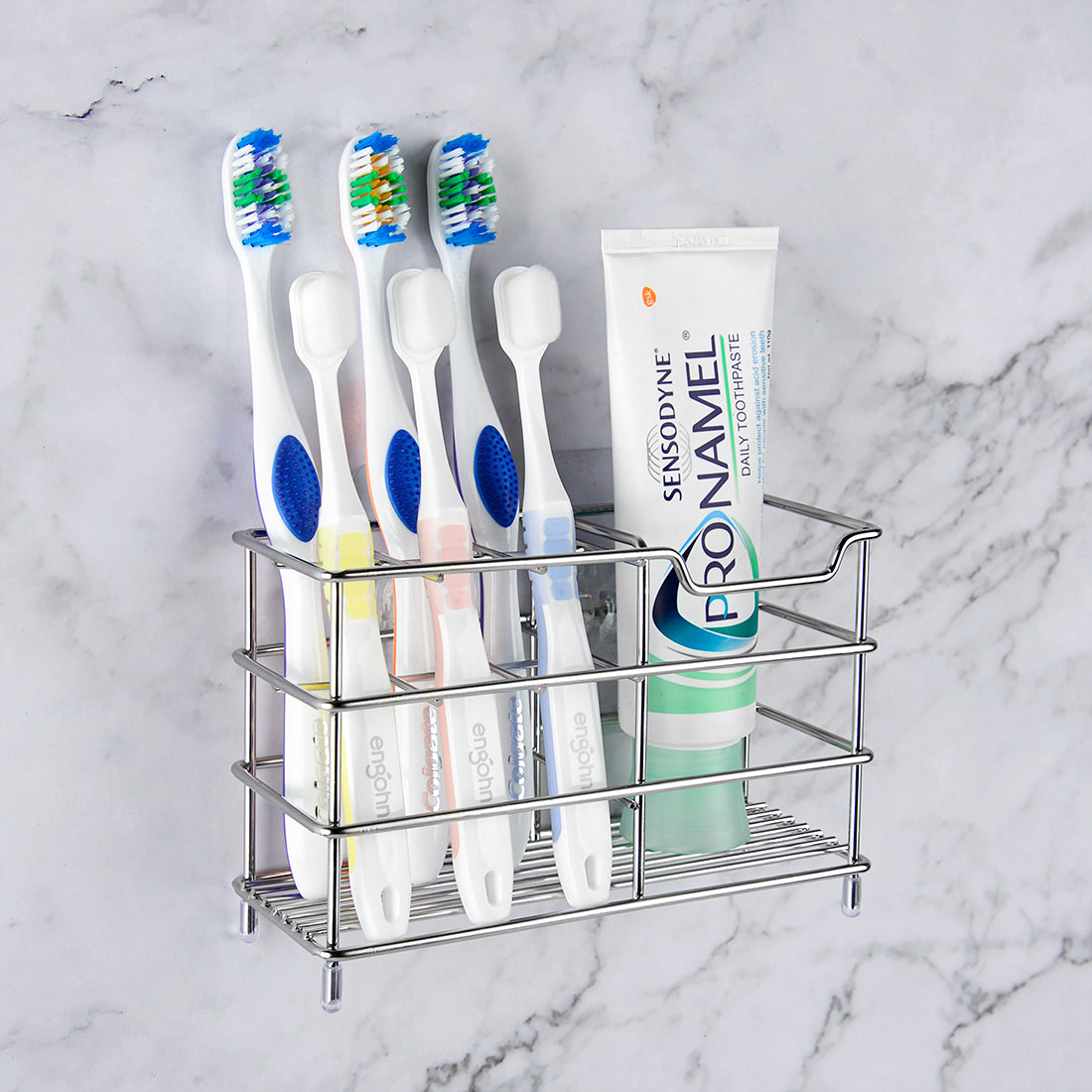 Linkidea Toothbrush Holder for Shower, Bathroom, Stainless Steel Tooth Brush Storage Stand Rack, Wallmount / Countertop 7 Slot Organizer Compatible with Colgate Extra Clean, Oral-B CrossAction
