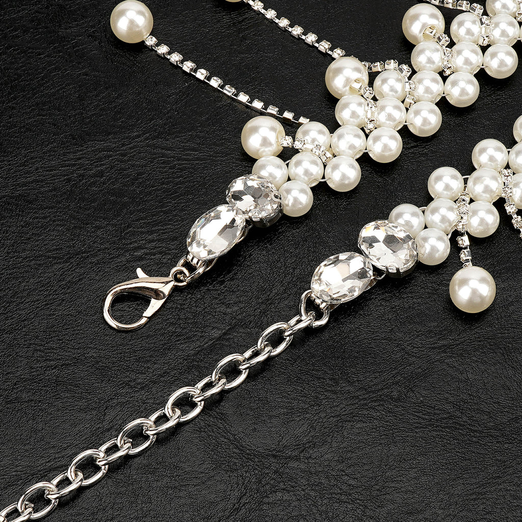 Plus Size Chain Belt for Women, Silver and White Faux Pearl Waist Belt, 49 Inch Adjustable Extra Long Body Decorate for Dresses, Party, Casual Wear, Fashion Jewelry Accessory