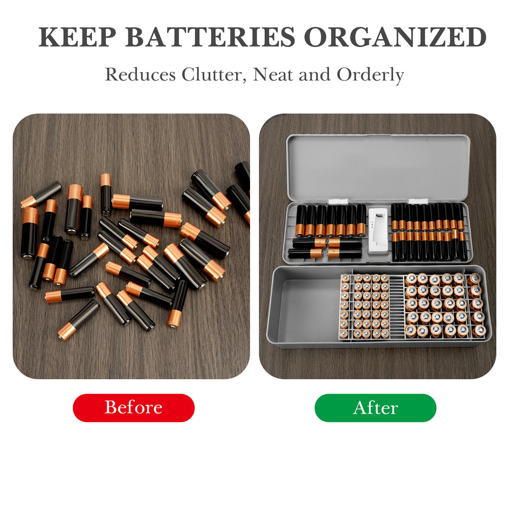 Linkidea Double Layer Battery Organizer Storage Case with Tester, Holds 41 AA, 55 AAA, 19 Button Cells, Large Capacity Portable Battery Caddy (Grey)