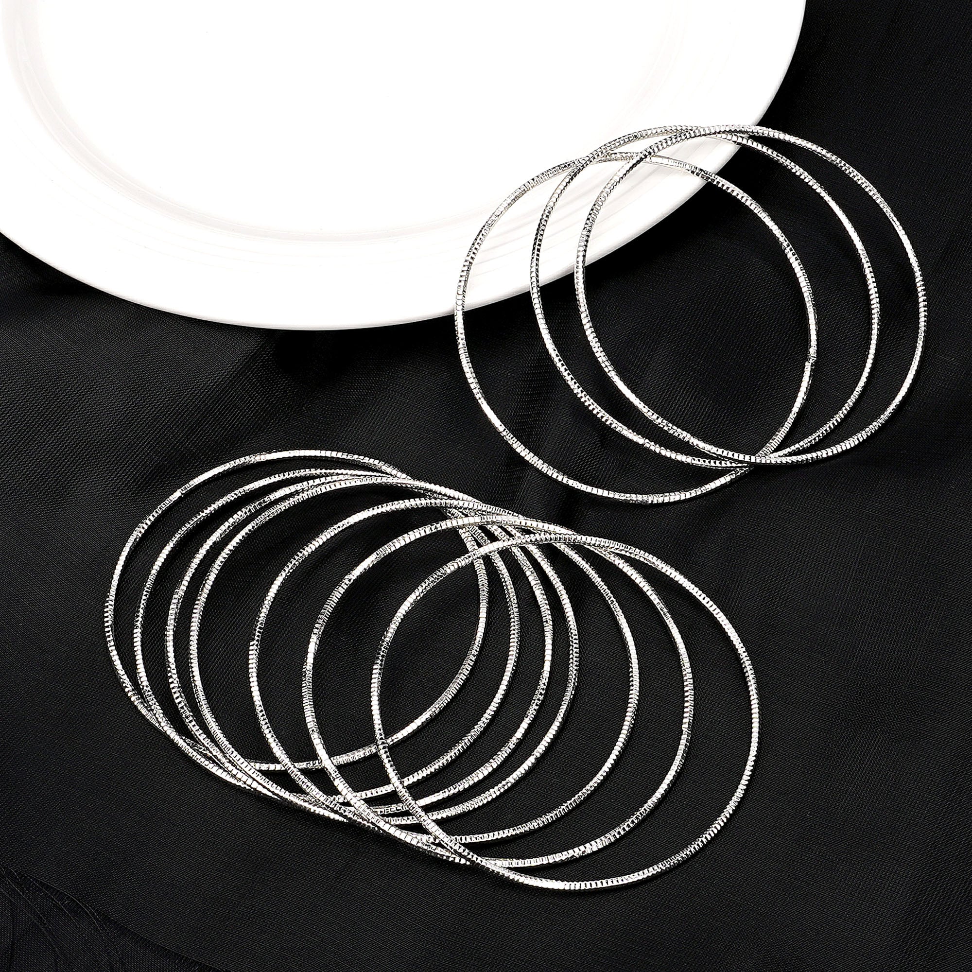 10-Piece Silver Tone Extra-Large Bangle Set for Women, 2.68" Fixed Round Bracelets, Thin Stackable Textured Bangles for Large Hands, Non-Adjustable