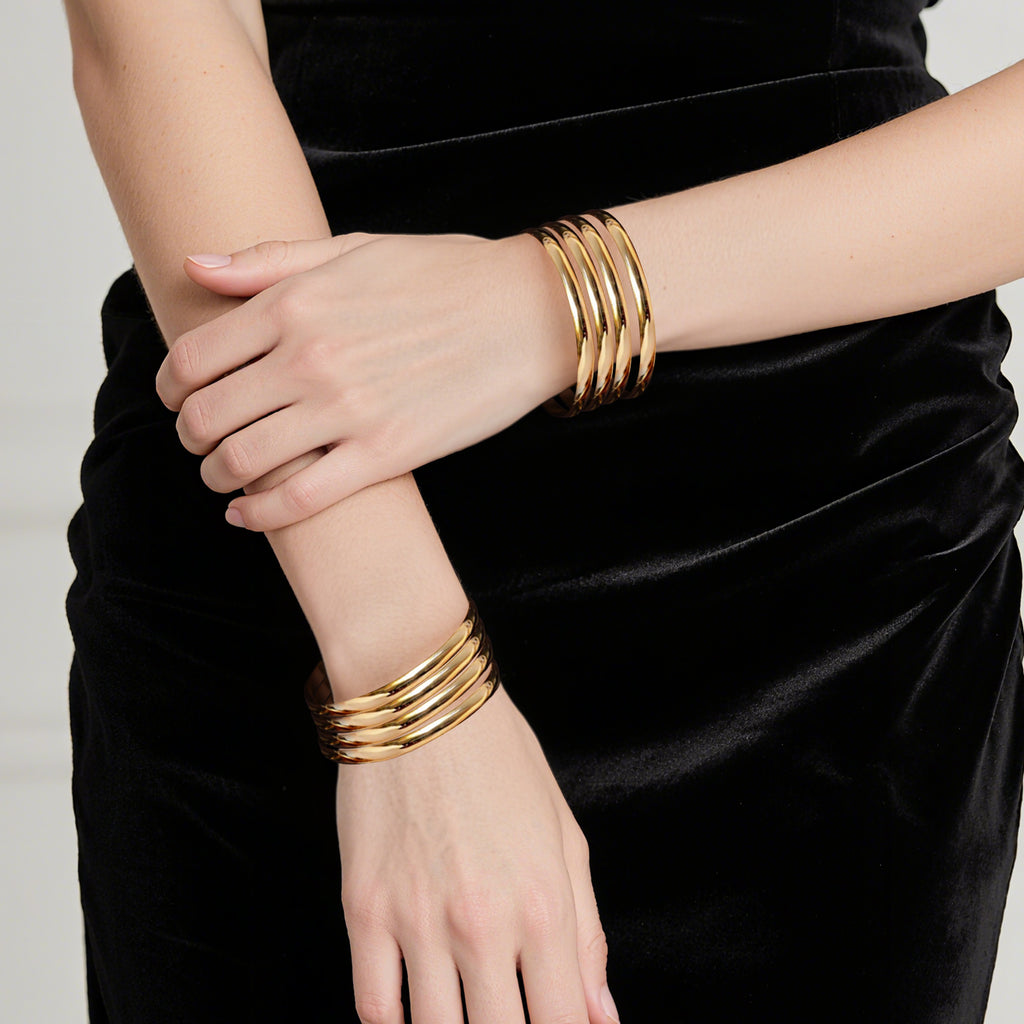 65 mm (2.56") Bangle Set of 8 for Women, 6 mm Wide Gold-Tone Stainless Steel Stackable Bracelets - Fits Palm Width up to ~90 mm