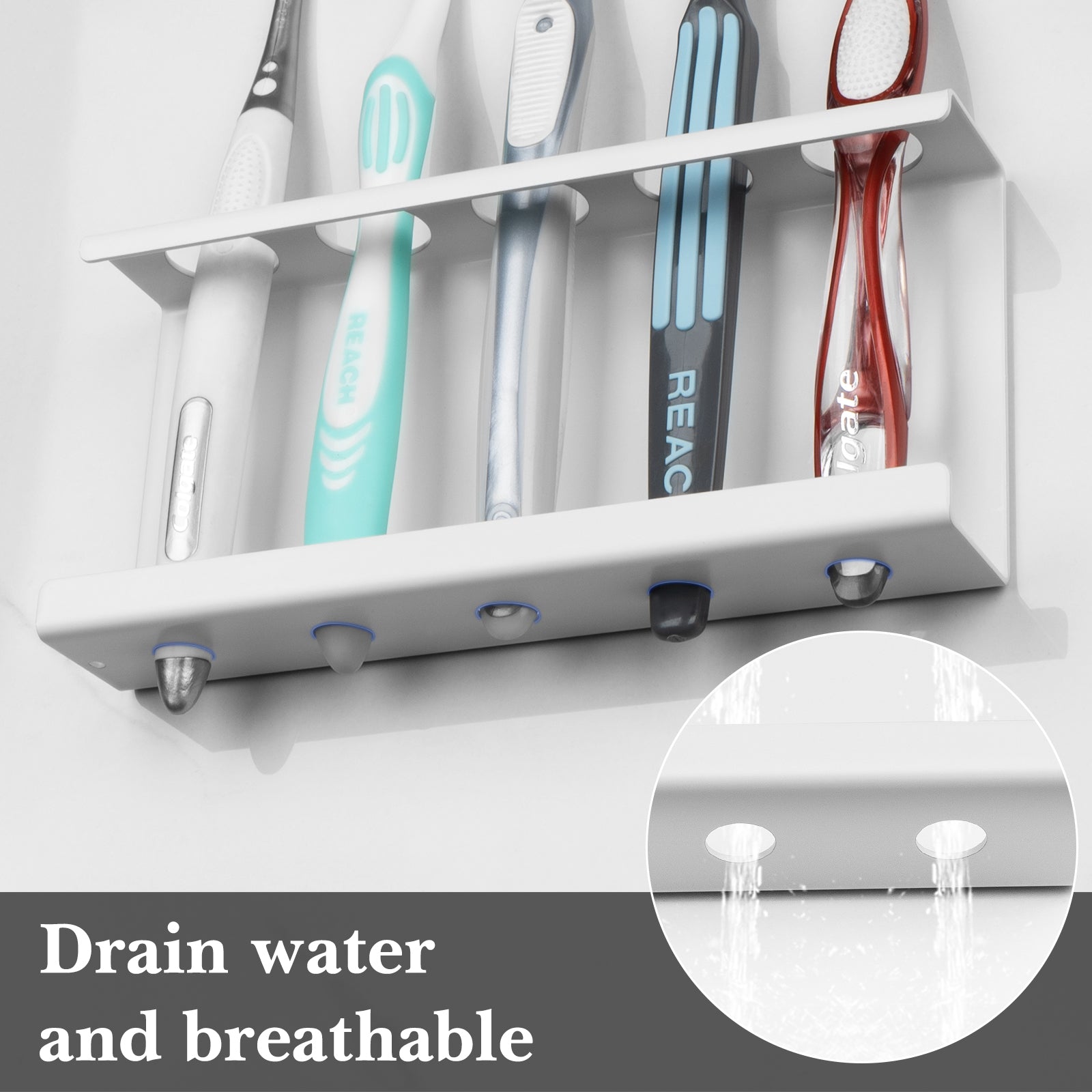 Linkidea Wall Mount Toothbrush Holder for Bathroom, Space Saving Organizer for RV, Stainless Steel 5 Slots Tooth Brush Hanger Compatible with Colgate ExtraClean, Oral-B CrossAction (White)