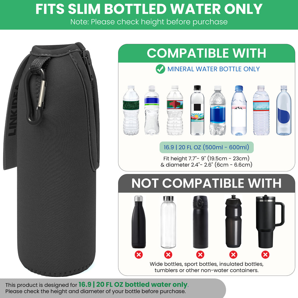 Linkidea 2 Pack Disposable Water Bottle Sleeve Compatible with Smartwater 16.9/20 Fl Oz, Evian 16.9 Fl Oz, Insulated Neoprene Bottled Water Cover Holder with Lockable Zipper, Black