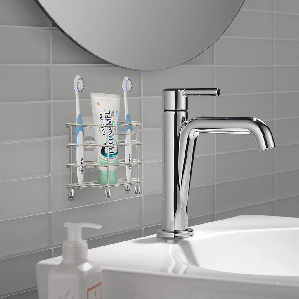 Linkidea 2 Pack Toothbrush Holders Wall Mounted, 3 Slots Bathroom Shower Organizer Stand, Stainless Steel Ventilated Countertop Rack for Toothpaste (Brushed Nickel)