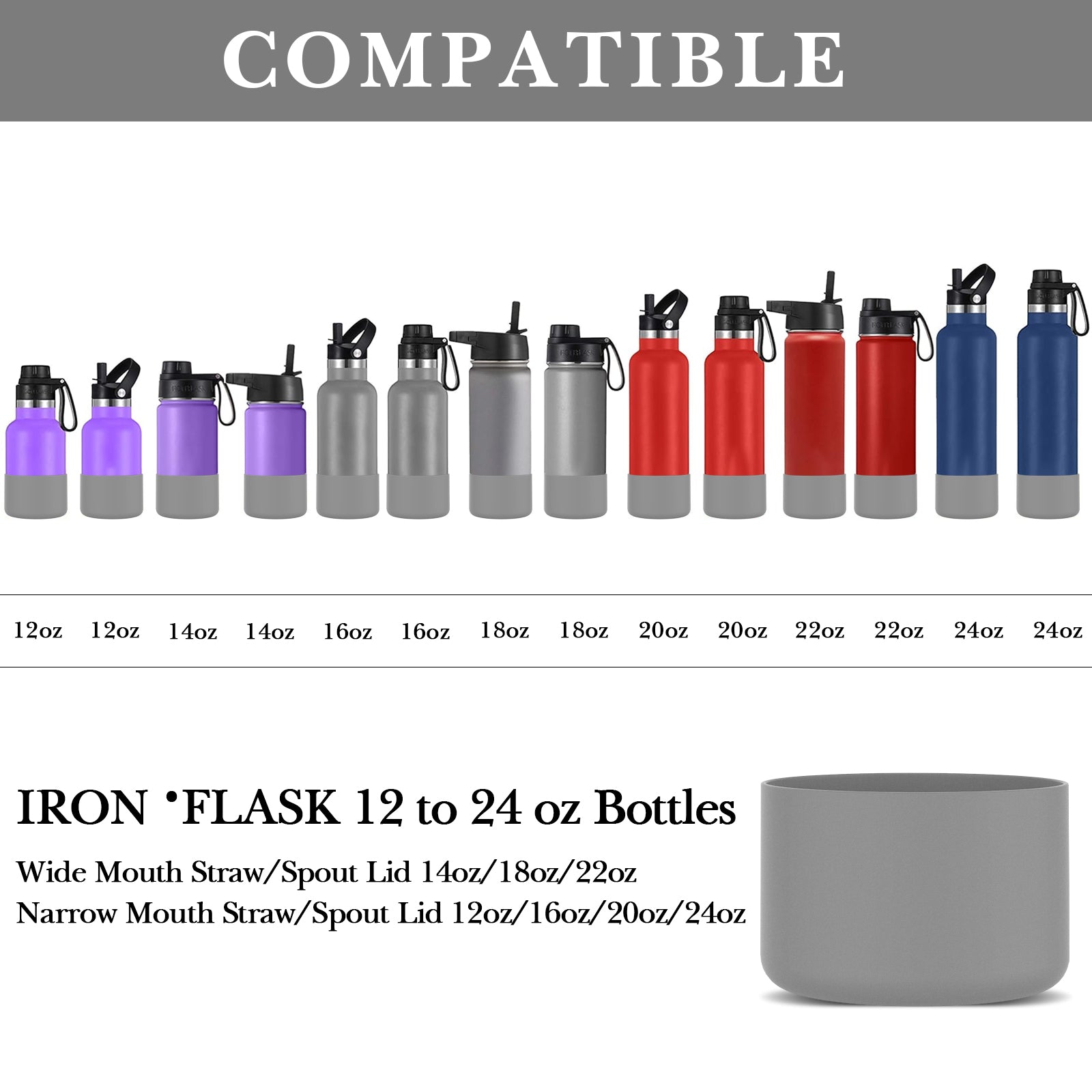 Linkidea 2 Pack Water Bottle Boot Compatible with IRON °FLASK Wide/Narrow Mouth 12oz/14oz/16oz/18oz/20oz/22oz/24oz, Silicone Bottle Bottom Sleeve Cover Bumper Protector (Gray)
