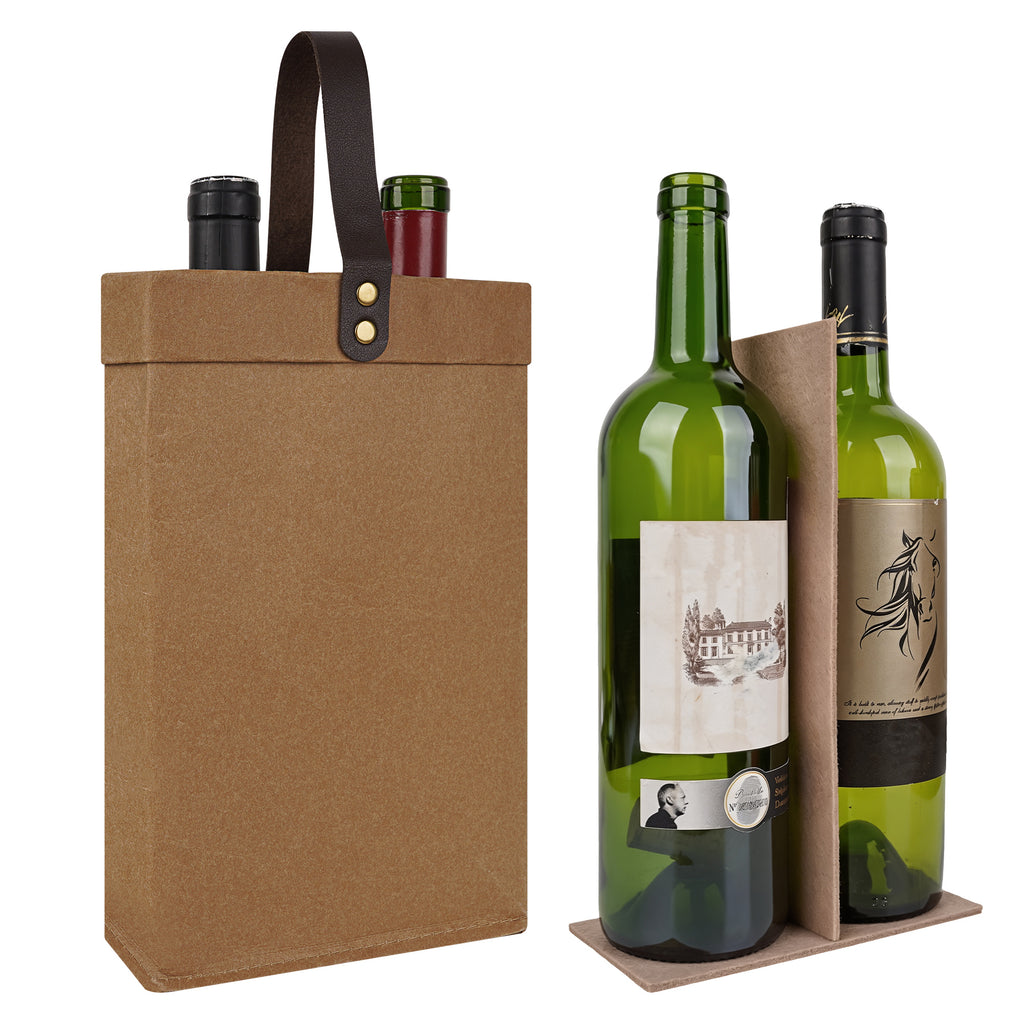 Linkidea 2-Bottle Kraft Paper Wine Gift Bag, Reusable Wine Tote Carrier with Detachable Divider, Portable Holder for Wedding, Holiday, Business & Party Gifting (Brown)