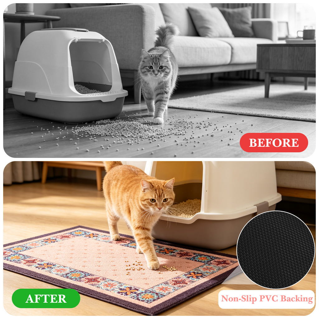 Decorative Cat Litter Mat 19.7 x 31.5 Inches, Traps Scattered Litter, Non-Slip PVC Backing, Easy-to-Clean Floor Protector, Indoor Cat Flooring Accessory