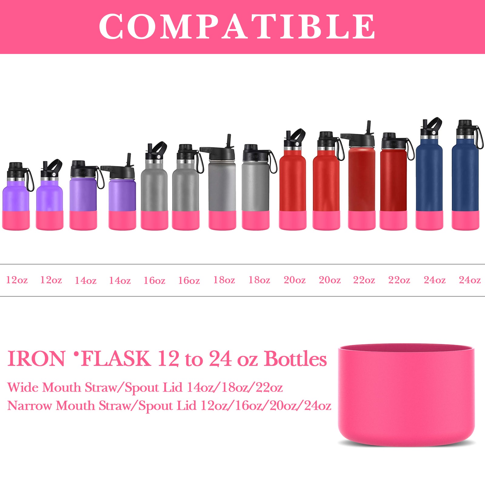 Linkidea 2 Pack Water Bottle Boot Compatible with IRON °FLASK Wide/Narrow Mouth 12oz/14oz/16oz/18oz/20oz/22oz/24oz, Silicone Bottle Bottom Sleeve Cover Bumper Protector (Pink)