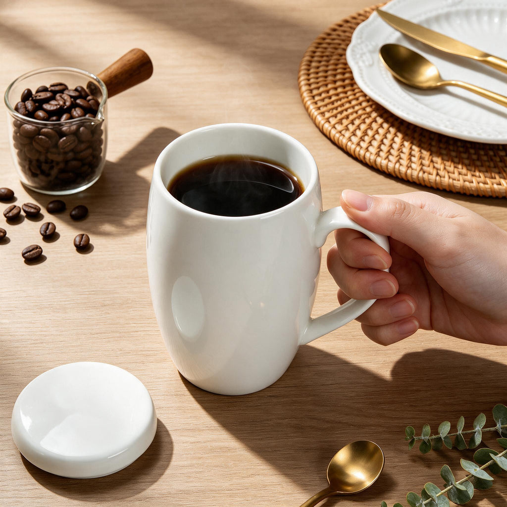 Linkidea 22oz Extra Large Fine Bone China Coffee Mug with Lid, Oversized Coffee Cups with Handles, Big Teacups for Office and Home, Microwave and Dishwasher Safe, White