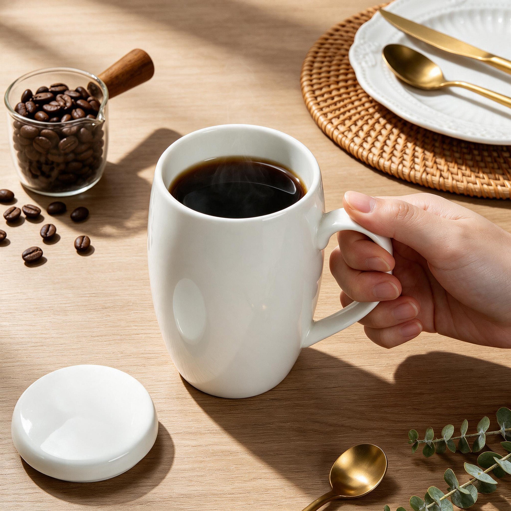 Linkidea 22oz Extra Large Fine Bone China Coffee Mug with Lid, Oversized Coffee Cups with Handles, Big Teacups for Office and Home, Microwave and Dishwasher Safe, White