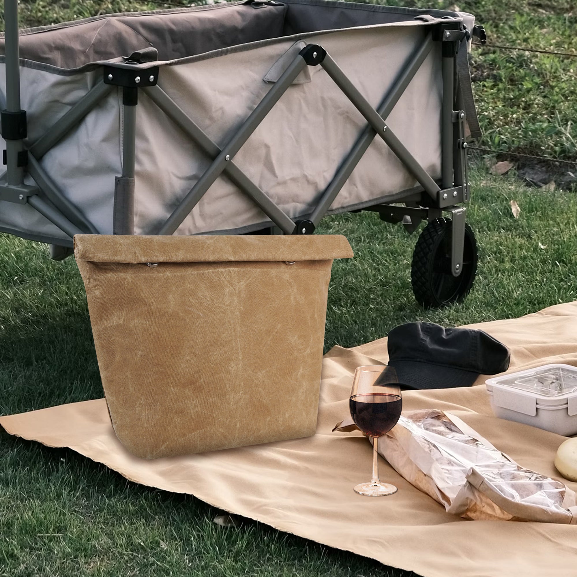 Linkidea Wax Canvas Lunch Bag, Waterproof Firm Storage Container for Food, Reusable Large Capacity Insulated Sack Fits Picnic, Work, Portable Organizer for Men & Women (Brown)