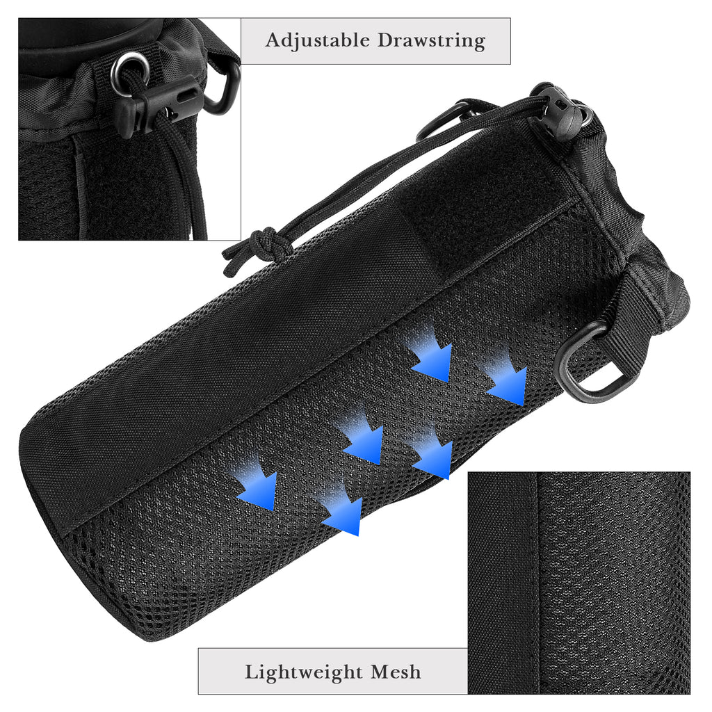 Linkidea Drawstring Molle Water Bottle Carrier with Strap Compatible with Owala FreeSip 32/40oz, Sustain Wide Mouth 48oz, Waterbottle Sling Bag Holder with Shoulder Strap, Black