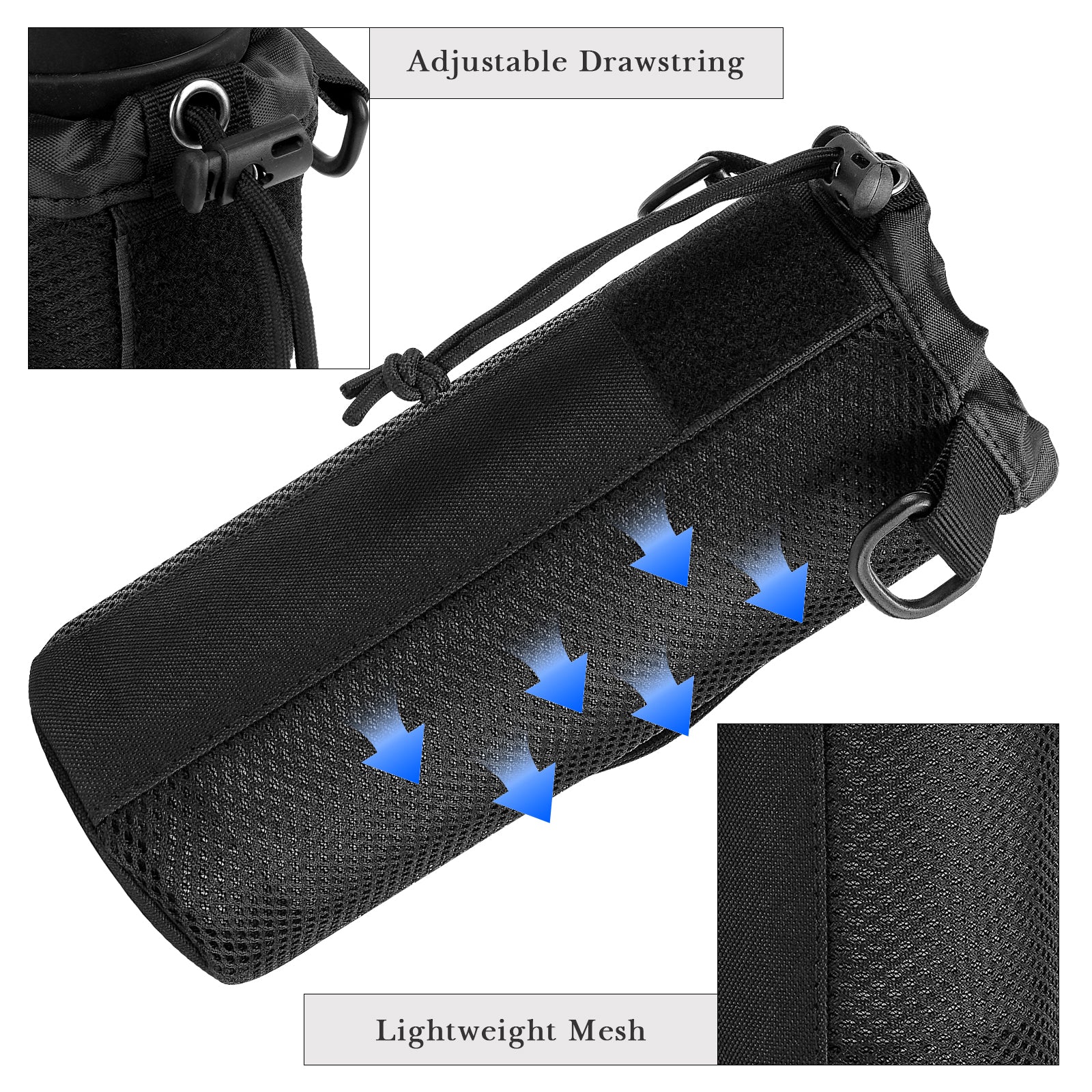 Linkidea Drawstring Molle Water Bottle Carrier with Strap Compatible with Owala FreeSip 32/40oz, Sustain Wide Mouth 48oz, Waterbottle Sling Bag Holder with Shoulder Strap, Black
