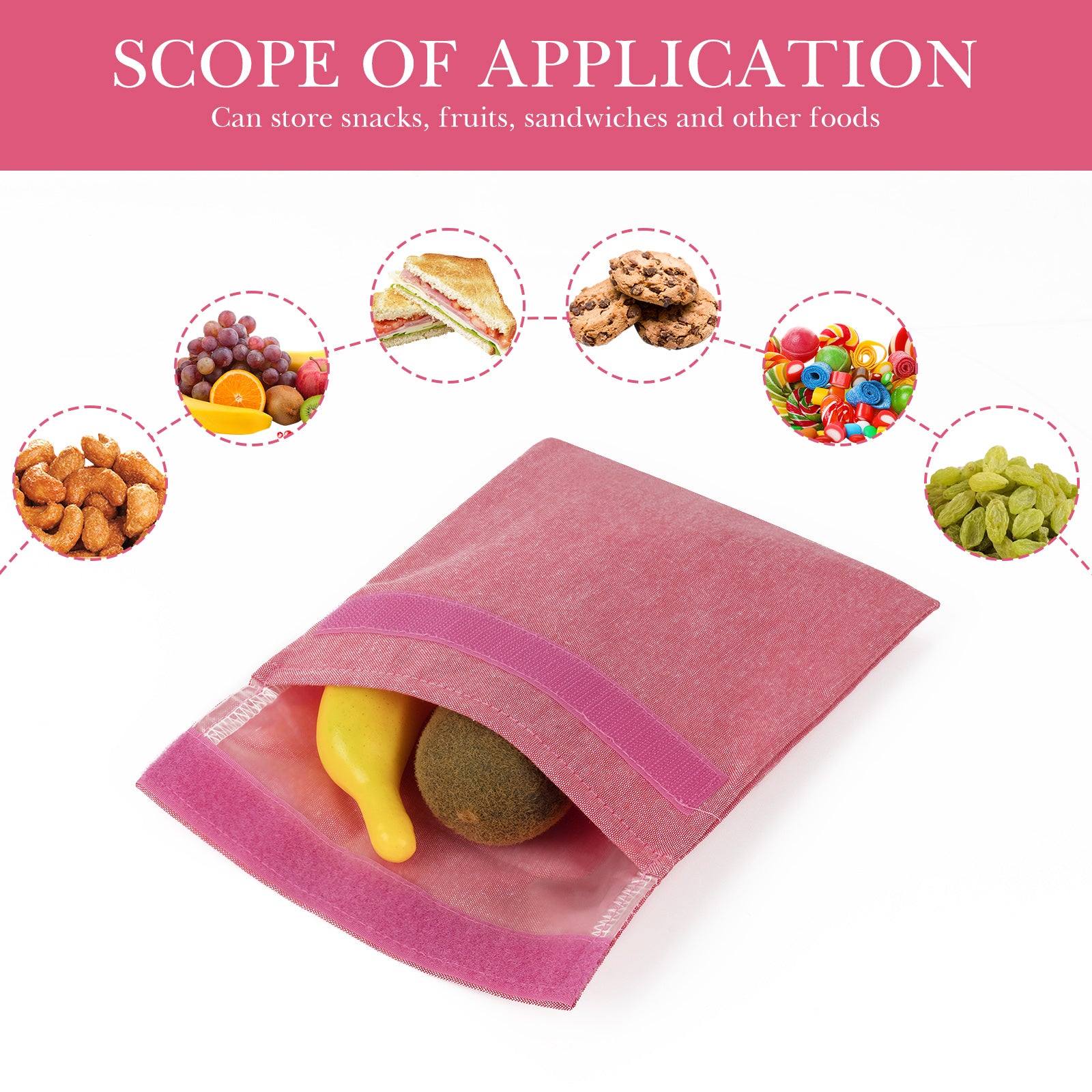 Linkidea 2 Pcs Portable Snack Bag, Washable Eco-friendly BPA Free Reusable Food Holder, 7-inch Hook and Loop Leak-Proof Compact Food Pouch Fits Sandwich, Sugar, Nuts (Red, Green)