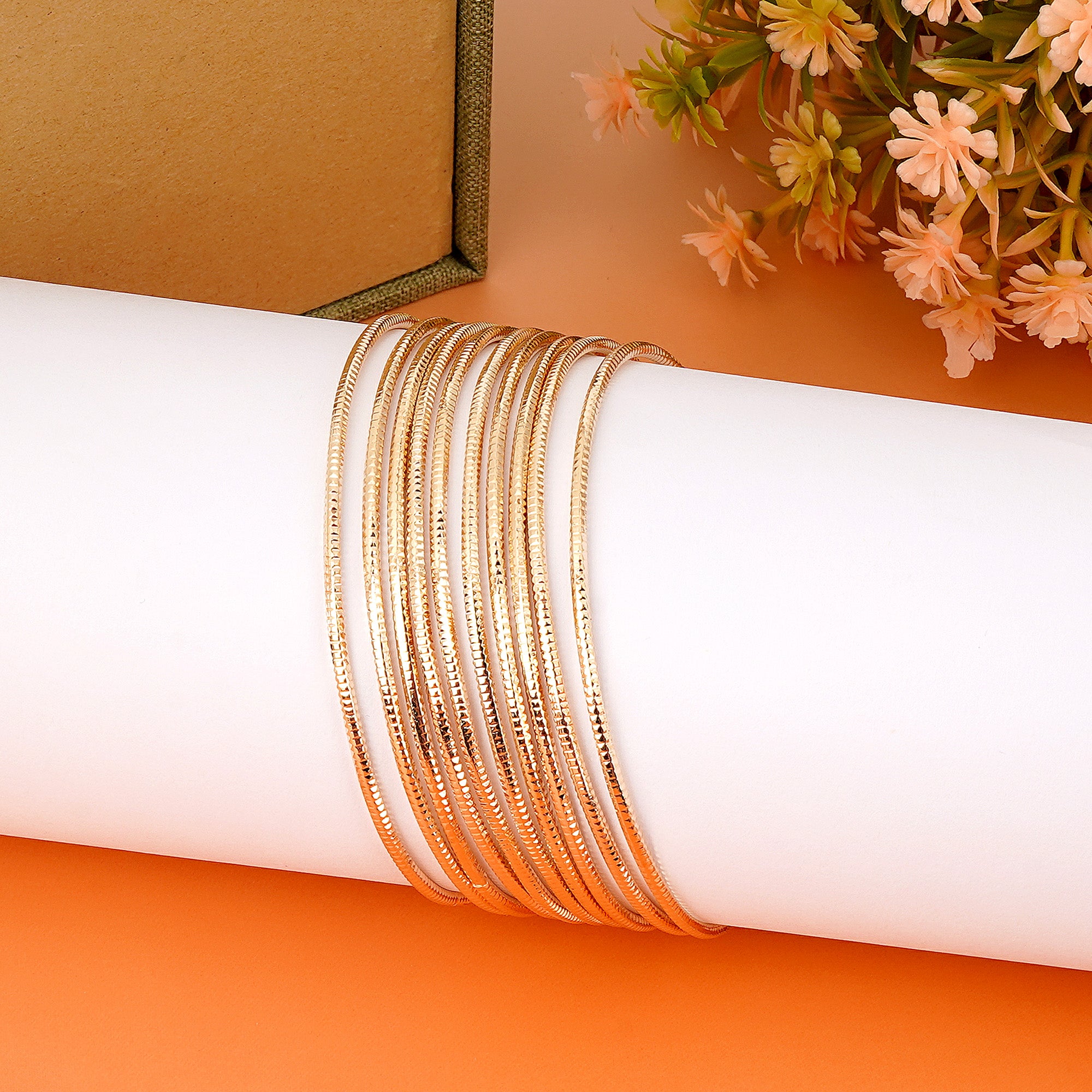 10-Piece Gold-Tone Extra-Large Bangle Set for Women, 2.68" Fixed Round Bracelets, Thin Stackable Textured Bangles for Large Hands, Non-Adjustable