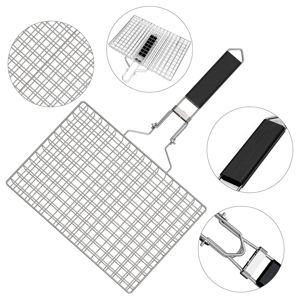 Linkidea Square Portable BBQ Grill Basket, Stainless Steel Fish Barbecue Accessories with Removable Secure Locking Handle, Picnic Grill Rack for Outdoor Cooking Vegetables Fishes Shrimp