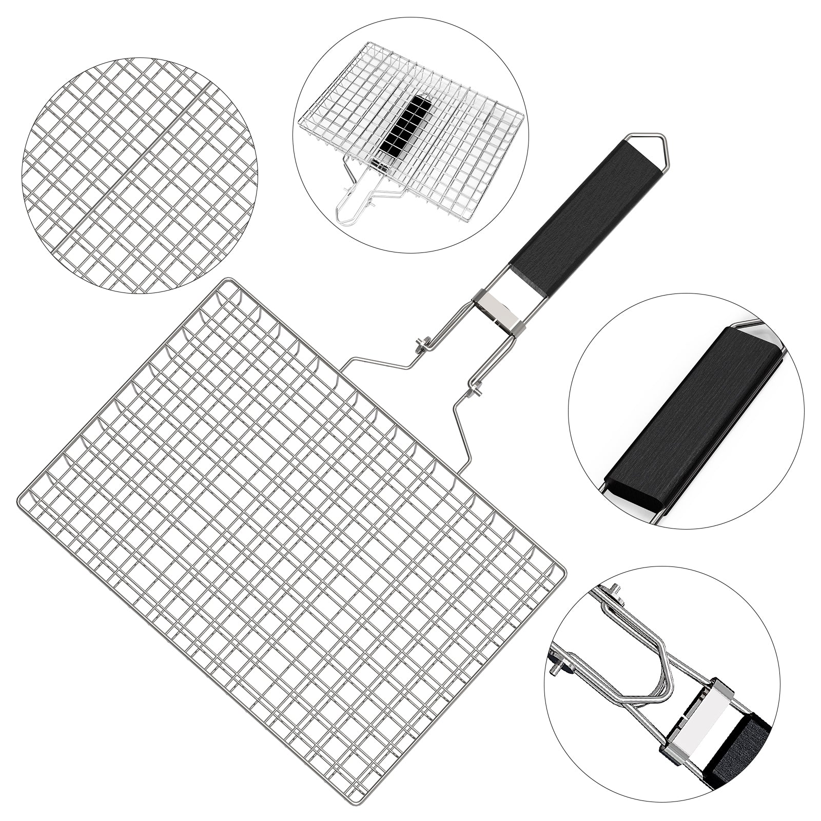 Linkidea Square Portable BBQ Grill Basket, Stainless Steel Fish Barbecue Accessories with Removable Secure Locking Handle, Picnic Grill Rack for Outdoor Cooking Vegetables Fishes Shrimp