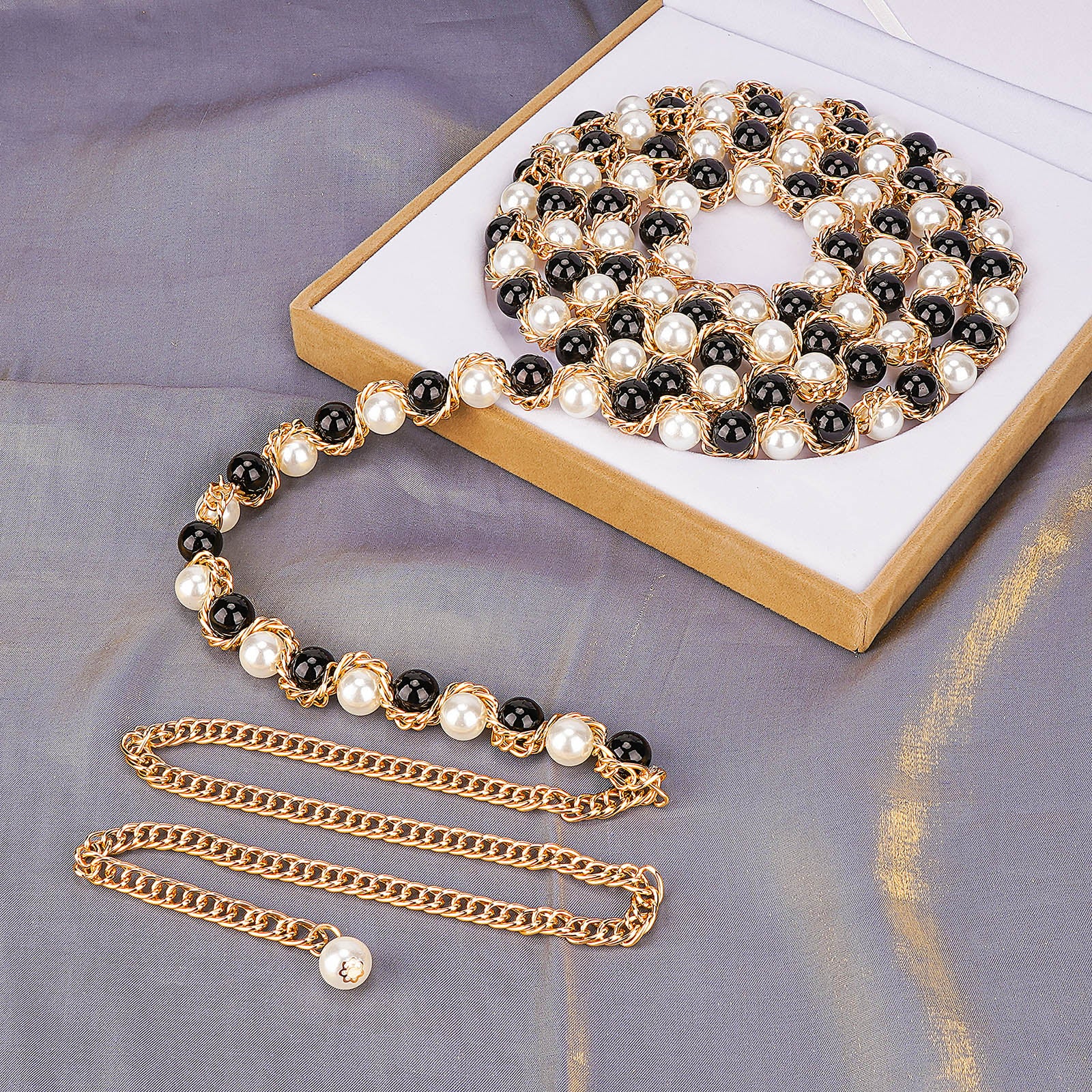 Plus Size Chain Belt for Women, Gold Color and Black Faux Pearl Waist Chains, Extra Long Body Chain, 59-78 Inch Adjustable Chunky Belt Chain (XXXL)