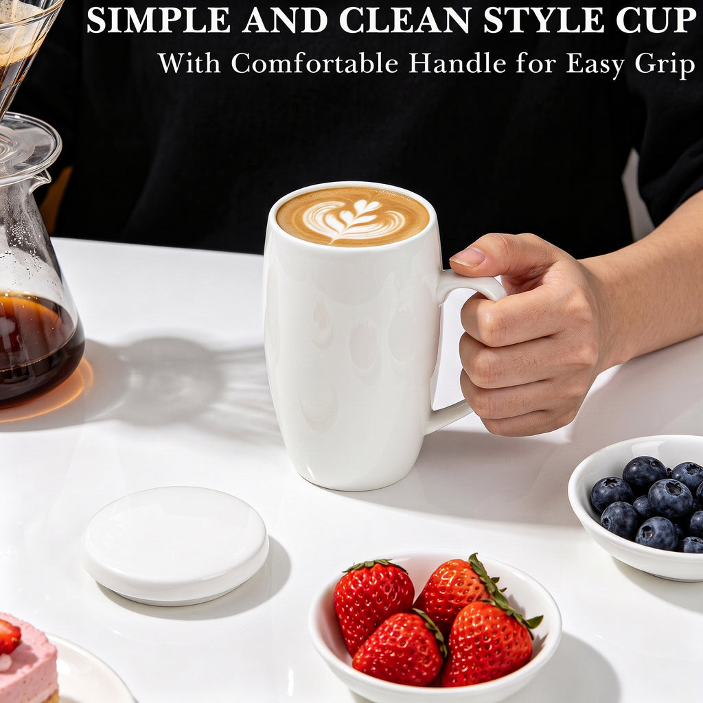 Linkidea 22oz Extra Large Fine Bone China Coffee Mug with Lid, Oversized Coffee Cups with Handles, Big Teacups for Office and Home, Microwave and Dishwasher Safe, White