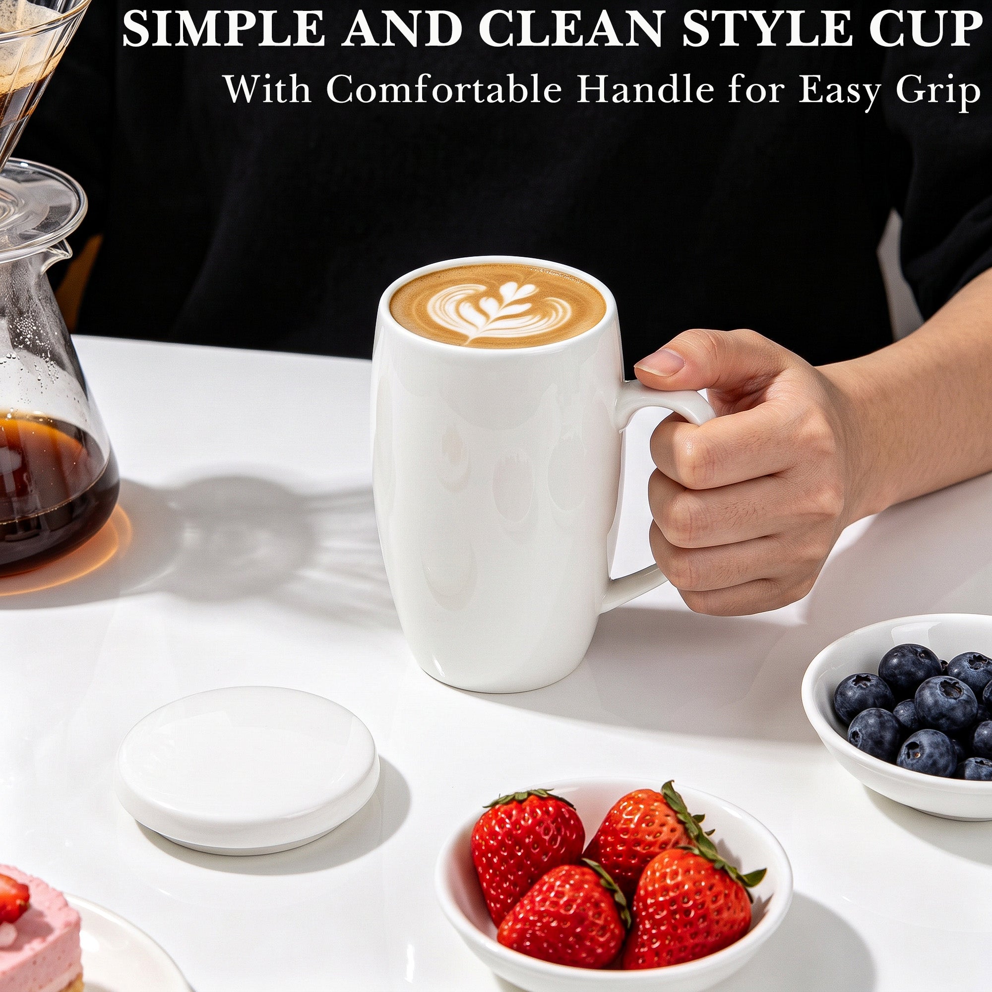 Linkidea 22oz Extra Large Fine Bone China Coffee Mug with Lid, Oversized Coffee Cups with Handles, Big Teacups for Office and Home, Microwave and Dishwasher Safe, White