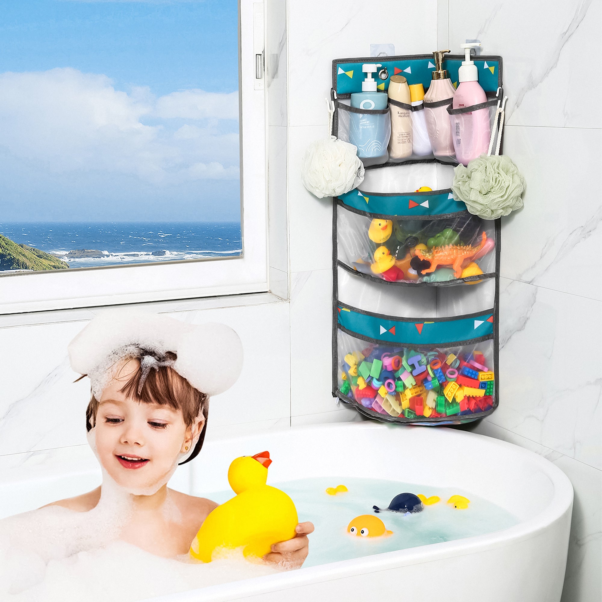 Linkidea Kids Bath Toy Organizer, Large Hanging Mesh Bathroom Caddy with 2 Adhesive Hooks and 2 S Hooks, Multi-Pocket Storage Bag for Bathroom and Bedroom (Grey)