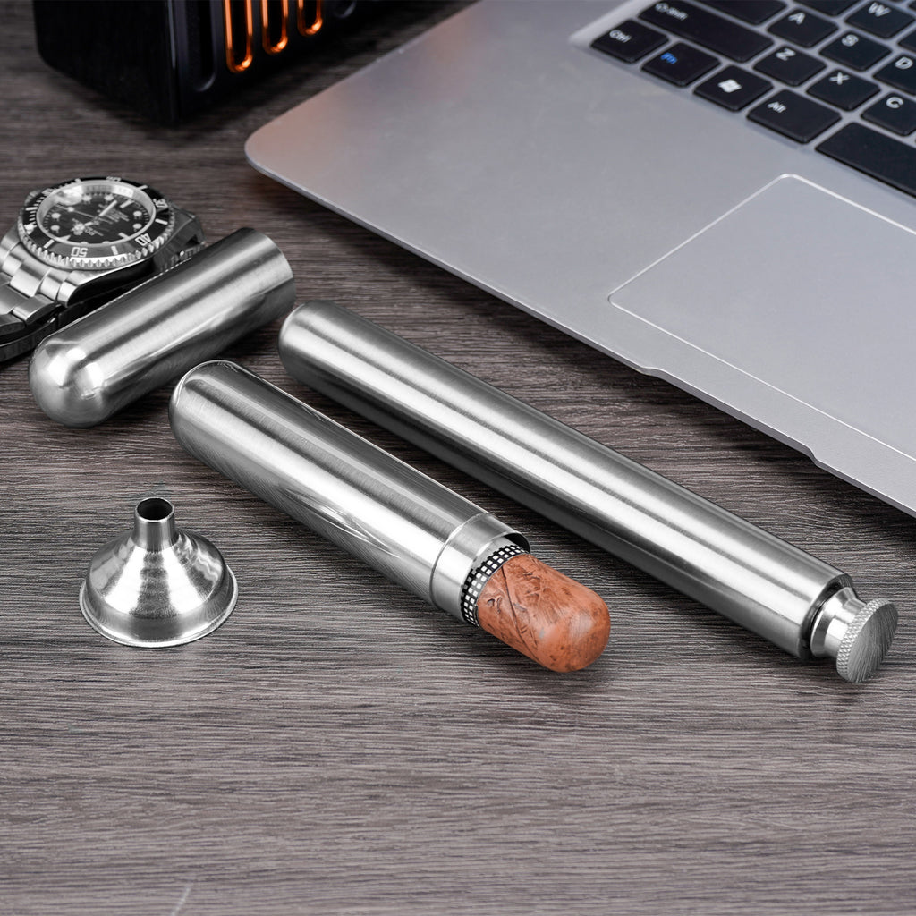 Linkidea Stainless Steel Cigar Holder Tube and Alcohol Flask Combo, Pocket Cigar Holder and 2oz Flask (Silver)