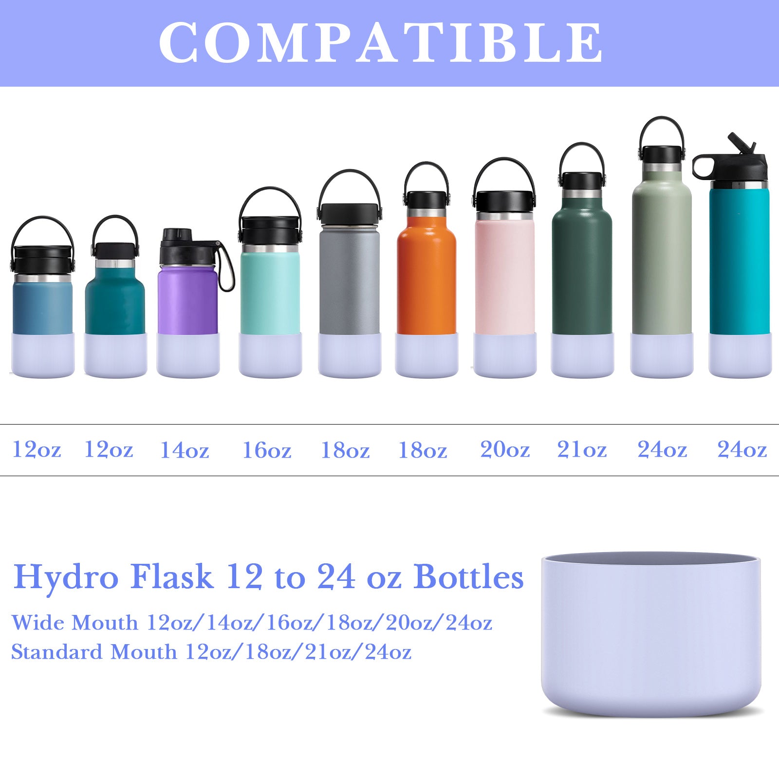 Linkidea 2 Pack Water Bottle Boot Compatible with Hydro Flask Wide Mouth 12oz/14oz/16oz/18oz/20oz, Silicone Bottle Bottom Sleeve Bumper Protector (Fog)
